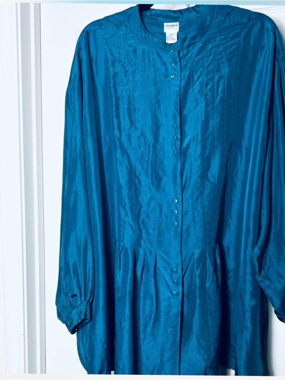Sostanza Sz 24W plus Size Teal Button-Front 100% Silk Blouse